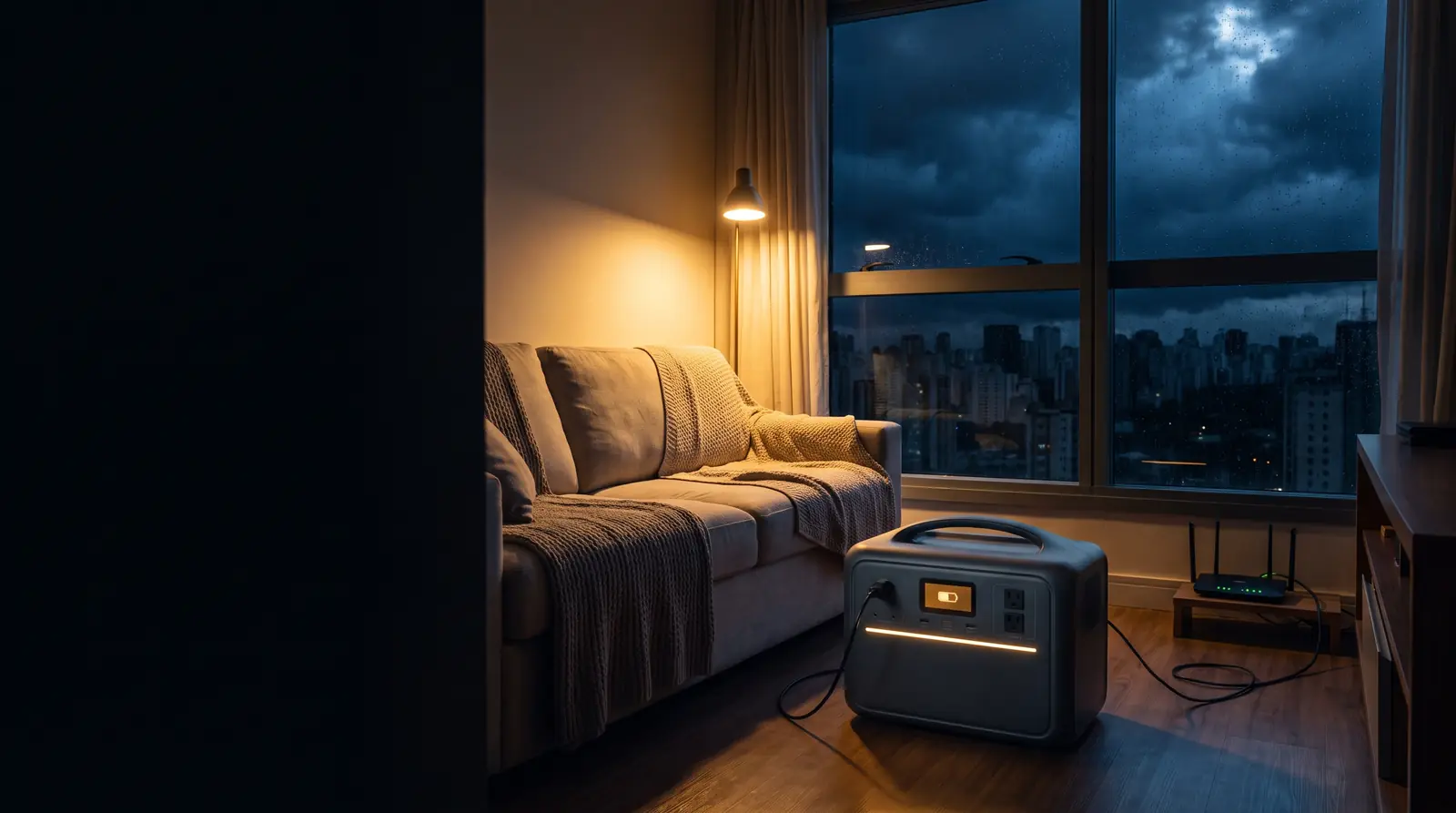 Sala de apartamento no escuro durante um apagão, com abajur e roteador ligados numa estação de energia portátil