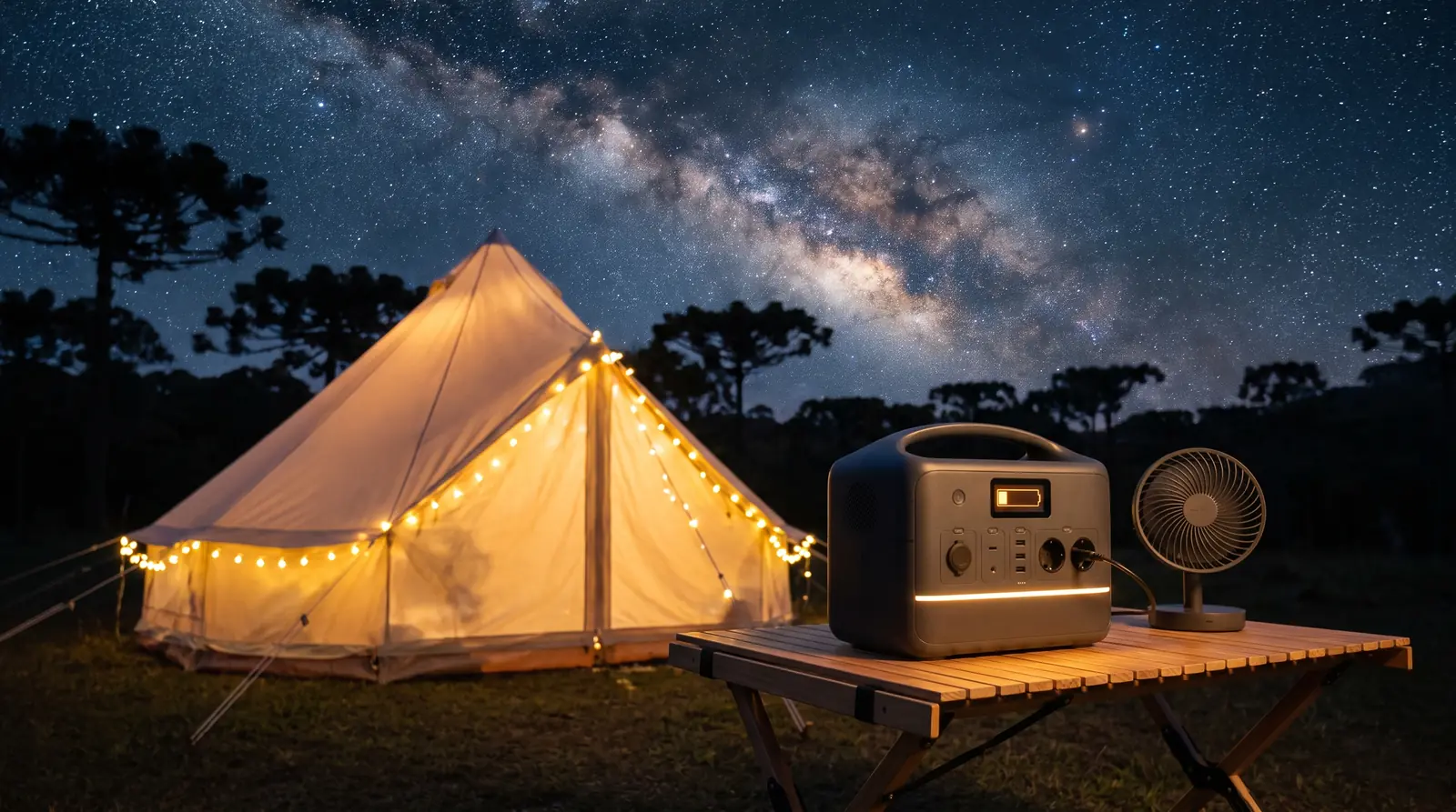 Barraca iluminada por um varal de luzes à noite, com uma estação de energia portátil e um ventilador sobre a mesa de camping
