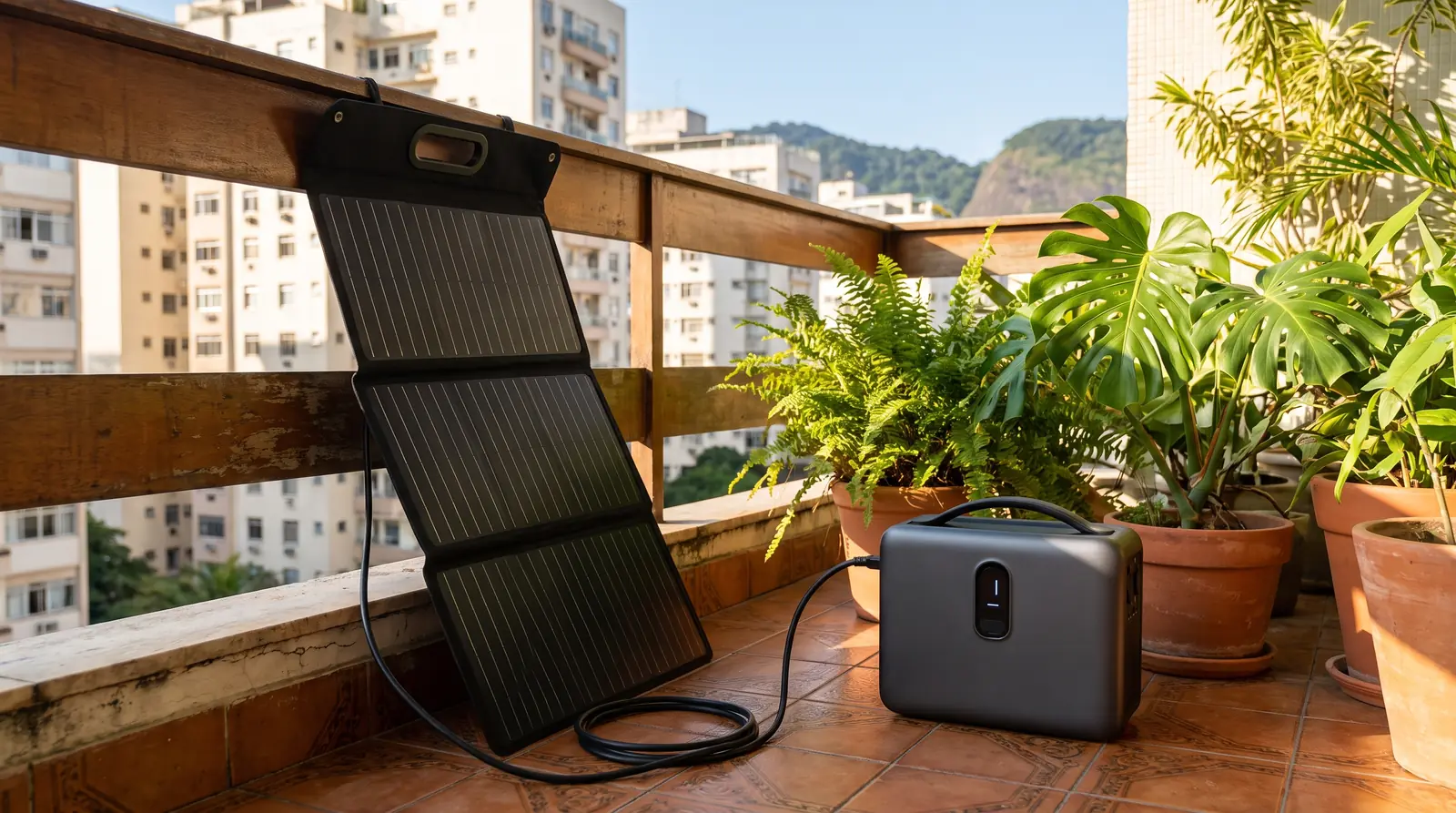 Painel solar portátil dobrável apoiado no guarda-corpo de uma varanda, ligado a uma estação de energia