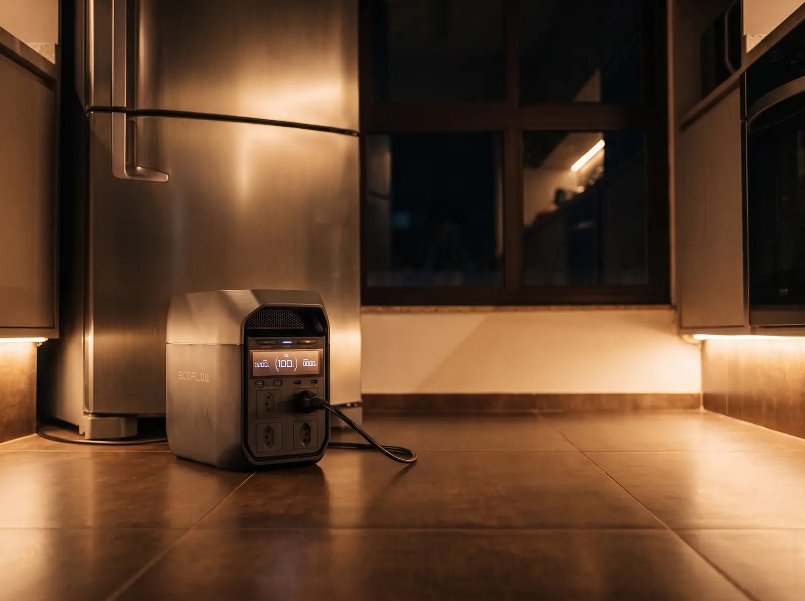 Estação de energia no chão da cozinha, ligada à geladeira durante a noite